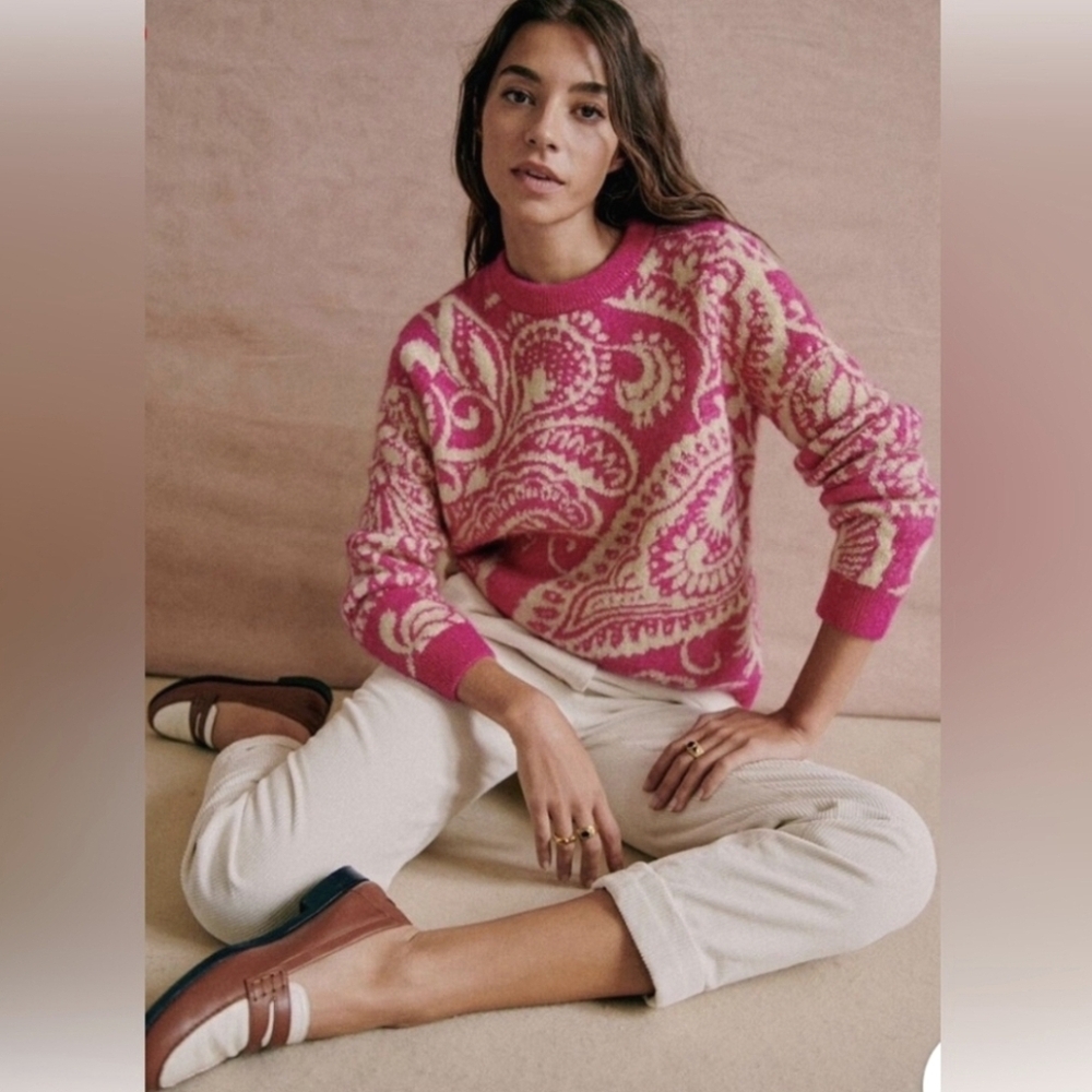 Sezane Pink and Cream Paisley Sweater